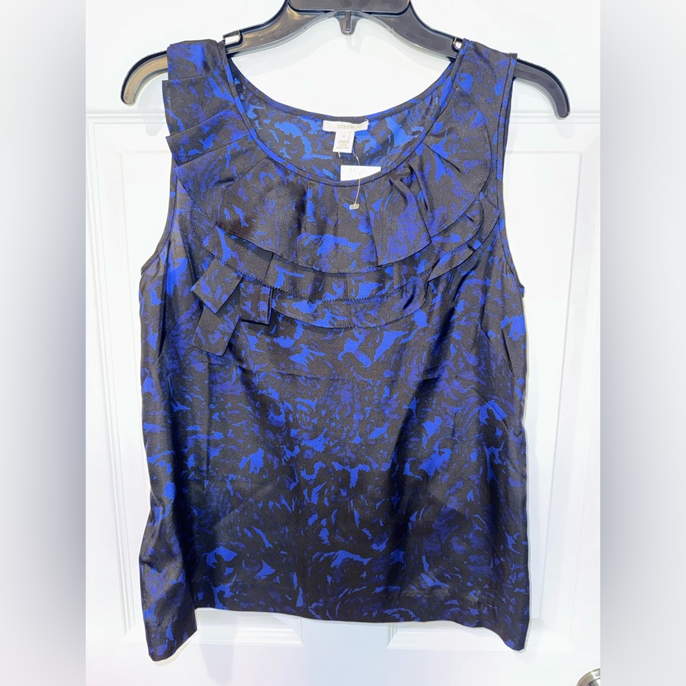 J. CREW Black and Blue Ruffle Neck Sleeveless Top - Picture 1 of 5